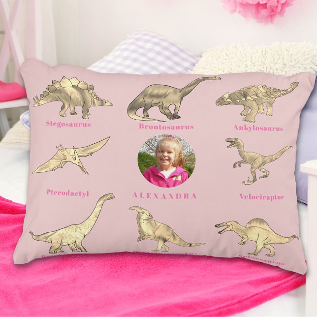 Dinosaurier Mädchen Personalisiert Name und Foto R Dekokissen (Dinosaur girls personalized name and photo pink pillow Dinos with their names educational kids gift)