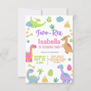 Dinosaurier Mädchen TWO-REX 2. Geburtstagseinladun Einladung