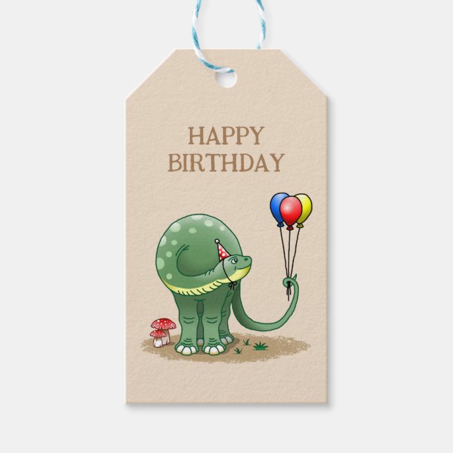 Dinosaurier mit Balloons zum Geburtstag Geschenkanhänger (Vorderseite)