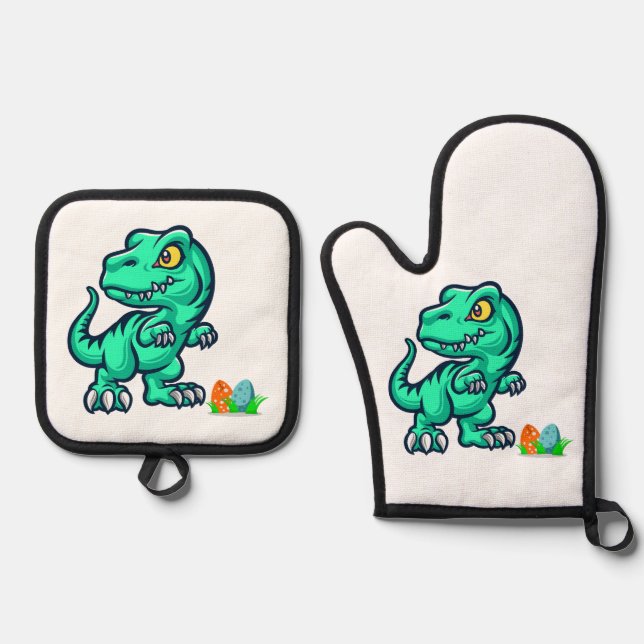 Dinosaurier mit Eiern Ofenhandschuh & Topflappen-Set (Vorderseite)