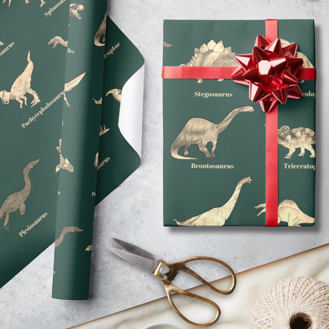 Dinosaurier mit grünen Namen Geschenkpapier (Dinosaurs with names green wrapping paper for dino lovers)
