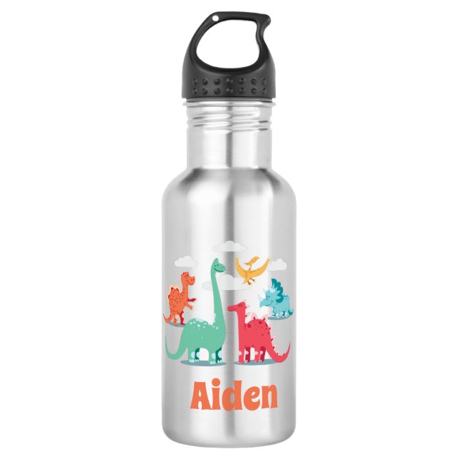 Dinosaurier Mit Monogramm Edelstahlflasche (Vorderseite)