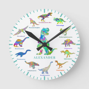 Dinosaurier mit Namen bunt Personalisiert Aquamari Runde Wanduhr