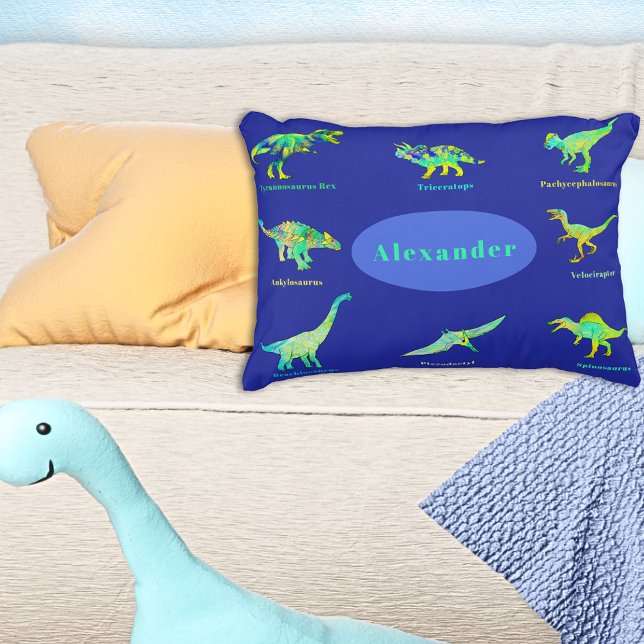 Dinosaurier mit Namen Colorful Blue Kissenbezug (Colorful dinosaurs with names custom blue pillow case T-Rex velociraptor stegosaurus triceratops )
