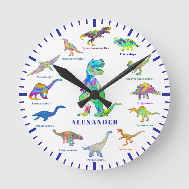 Dinosaurier mit Namen, farbenfroh blau Runde Wanduhr (Vorderseite)