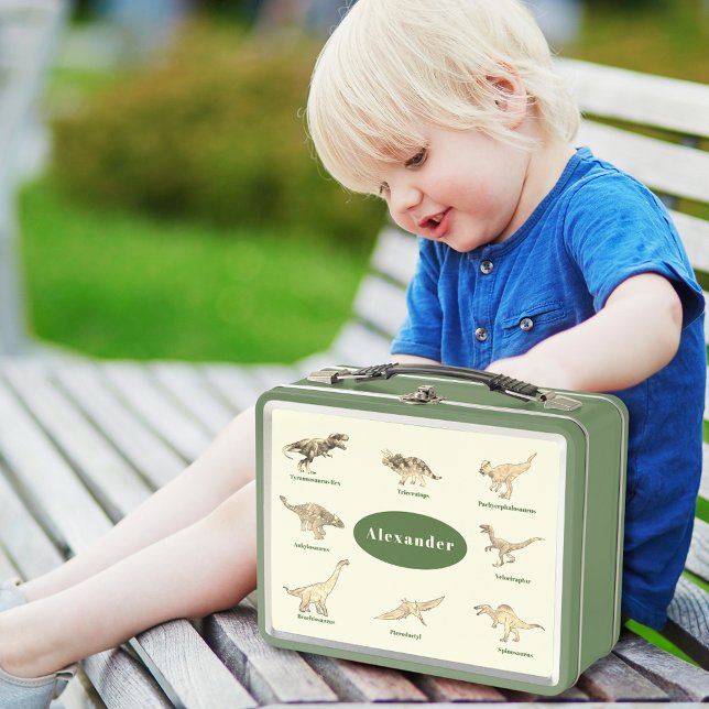 Dinosaurier mit Names School Personalisiert Metall Brotdose (Dinosaurs with name green custom lunchbox ideal for kindergarten or school dino lovers)