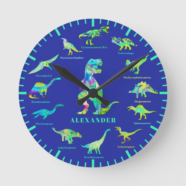 Dinosaurier mit Personalisierten blauen Namen Runde Wanduhr (Vorderseite)