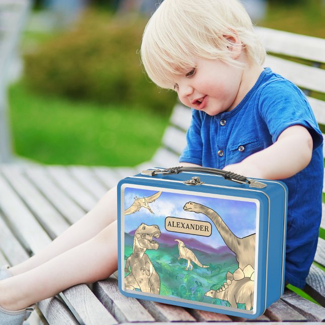 Dinosaurier mit personalisierten Namen Metall Brotdose (Dinosaur custom name lunchbox ideal for kindergarten or school with T-Rex brontosaurus stegosaurus )
