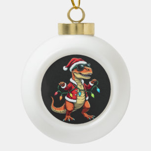 Dinosaurier mit Weihnachtslicht-Weihnachtsmannmütz Keramik Kugel-Ornament