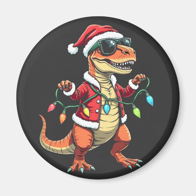 Dinosaurier mit Weihnachtslicht-Weihnachtsmannmütz Magnet (Vorne)