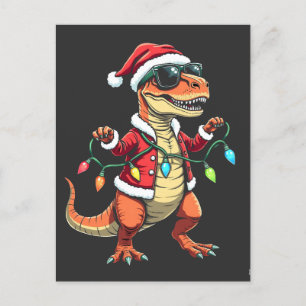 Dinosaurier mit Weihnachtslicht-Weihnachtsmannmütz Postkarte