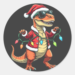Dinosaurier mit Weihnachtslicht-Weihnachtsmannmütz Runder Aufkleber