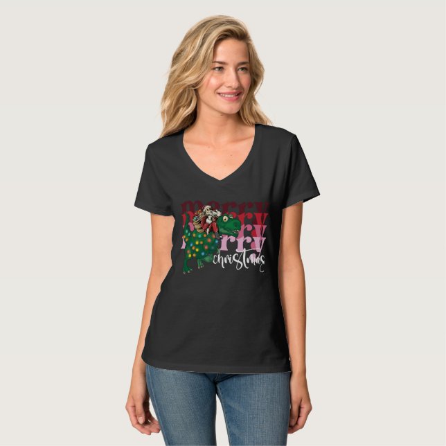 Dinosaurier mit Weihnachtsmann T-Shirt (Vorderseite Vollansicht)