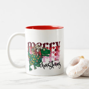 Dinosaurier mit Weihnachtsmann Zweifarbige Tasse