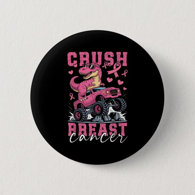 Dinosaurier Monster Truck Pink Ribbon Crush Brust  Button (Vorderseite)