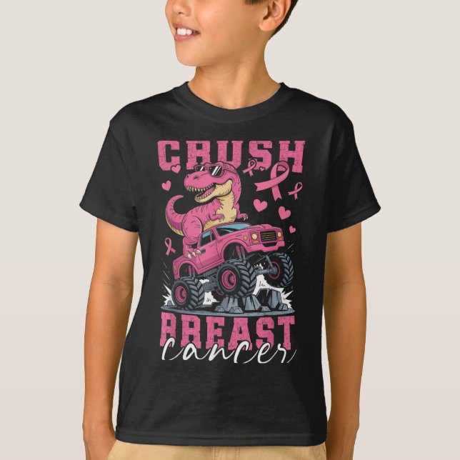 Dinosaurier Monster Truck Pink Ribbon Crush Brust  T-Shirt (Vorderseite)