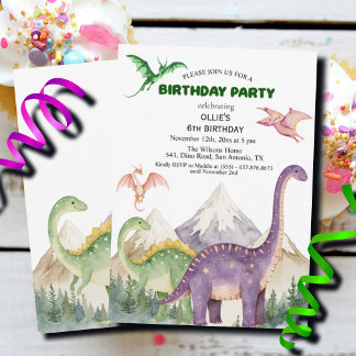 Dinosaurier & Mountains farbenfrohe 6. Geburtstags Einladung