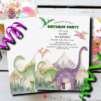 Dinosaurier & Mountains farbenfrohe 8. Geburtstags Einladung