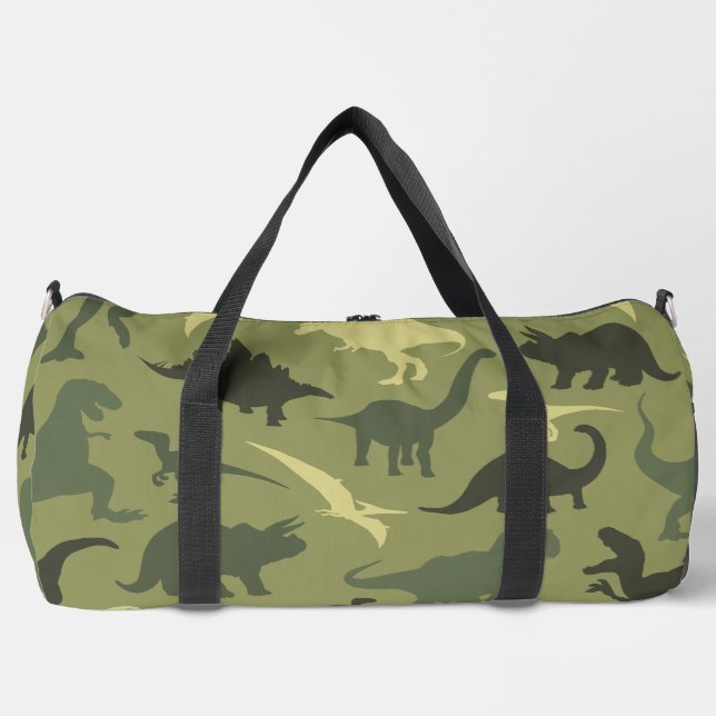 Dinosaurier-Muster, Dinosaurier-Silhouette, grüner Duffle Bag (Vorderseite)