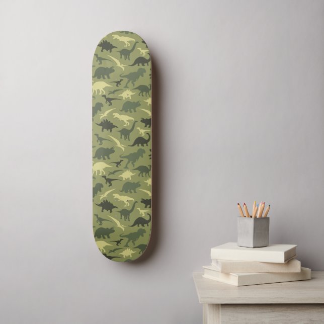 Dinosaurier-Muster, Dinosaurier-Silhouette, grüner Skateboard (Wandkunst)