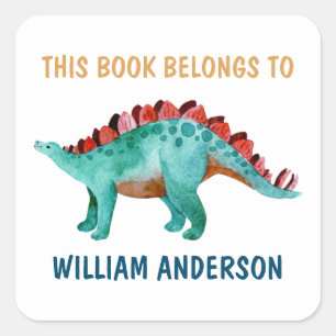 Dinosaurier Name "Dieses Buch gehört" Schule Quadratischer Aufkleber