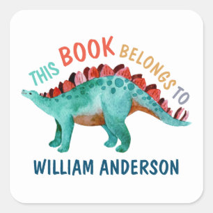 Dinosaurier Name "Dieses Buch gehört" Schule Quadratischer Aufkleber