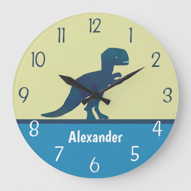 Dinosaurier Navy Blue Green Aquamarin Wall Clock Große Wanduhr (Vorderseite)