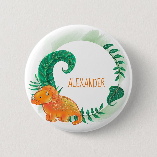Dinosaurier Niedlich Bright | Orange Triceratops Button (Vorderseite)