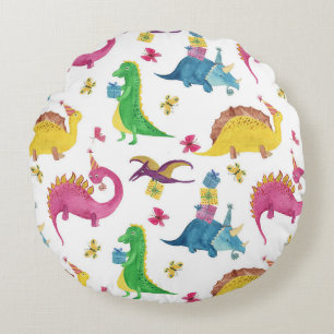 Dinosaurier-Party: Aquarellmuster. Rundes Kissen
