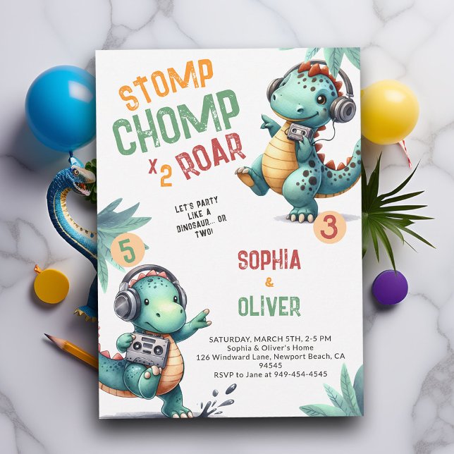 Dinosaurier Party Dance Funny Joint Sibling Geburt Einladung (Dinosaur joint siblings invitation dino stomp chomp roar pre historic jungle hip dance party funny)