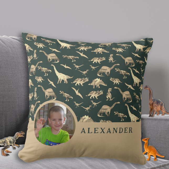 Dinosaurier Personalisiertes Foto und Name Grün Kissen (Dinosaur pattern personalized kids photo and name green pillow Custom dino kids bedroom home decor)
