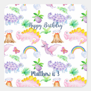 Dinosaurier Rainbow Watercolor Jungle Geburtstag Quadratischer Aufkleber