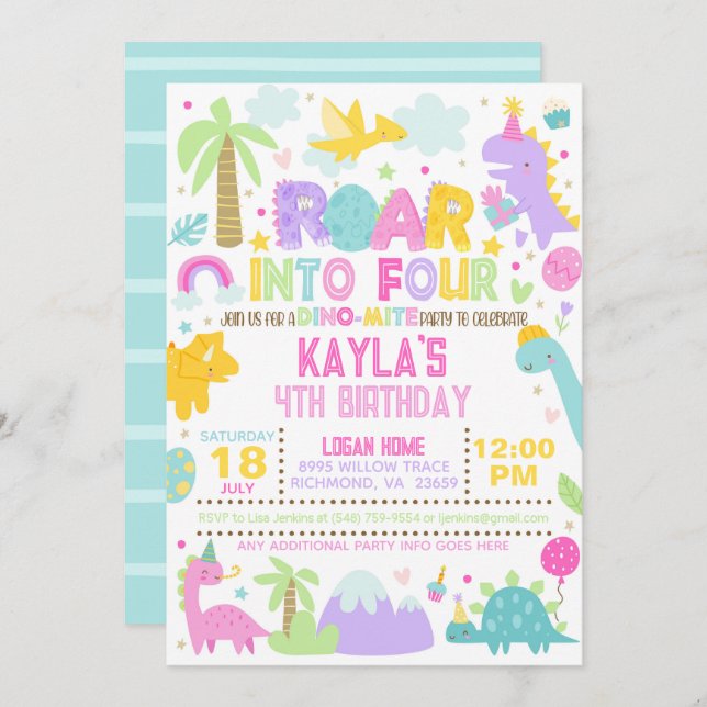 Dinosaurier Roar zum 4. Geburtstag Einladung (Vorne/Hinten)