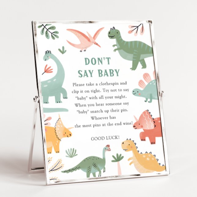 Dinosaurier sagt kein Baby-Zeichen Poster (Dinosaur Don't Say Baby Shower Game Sign by Painted Paperie)