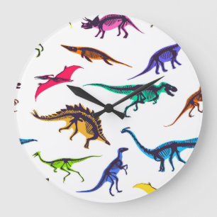 Dinosaurier-Silhouetten: Vintages Skizzenmuster. Große Wanduhr
