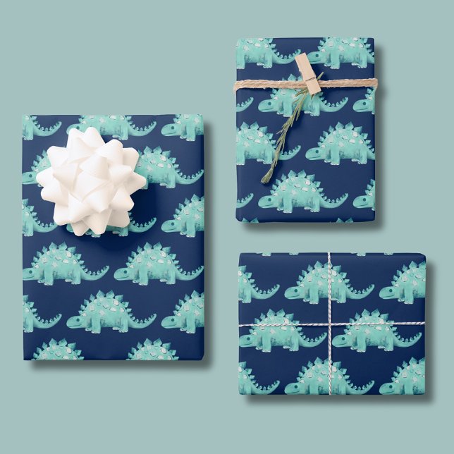 Dinosaurier Stegosaurus Kindergeburtstag Geschenkpapier Set (Kids Dinosaur boys birthday wrapping paper sheets with cute stegosaurus. )