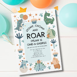 Dinosaurier Stomp Chomp und Roar Erster Geburtstag Einladung