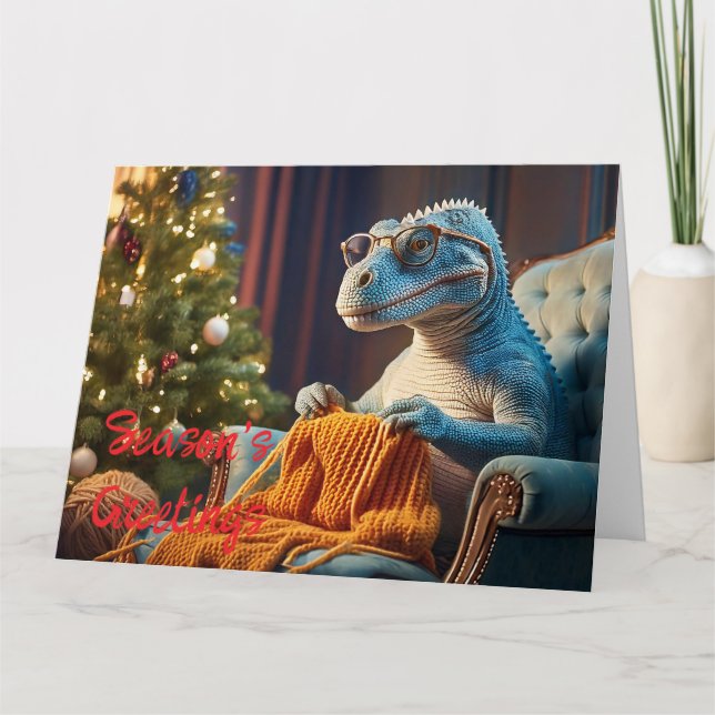 Dinosaurier Stricken Frohe Weihnachten Karte (Vorderseite)