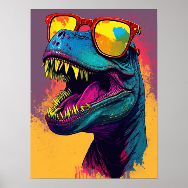 Dinosaurier T Rex Cool Orange Blue Poster (Vorne)