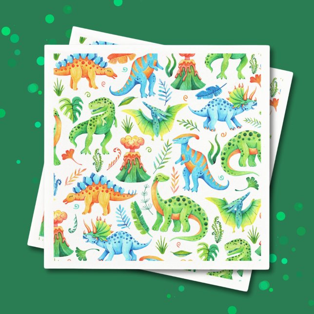 Dinosaurier T rex, Stegosaurus, Brontosaurus Boys Serviette (Watercolor Dinosaurs Green, Orange, Blue Napkins)