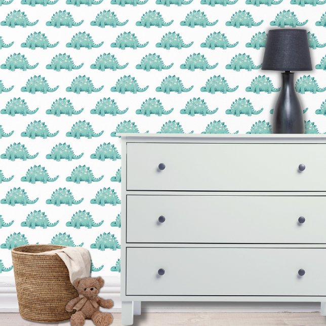 Dinosaurier Tapete (Dinosaur wallpaper with stegosaurus design on white for boys bedroom, playroom or nursery.)