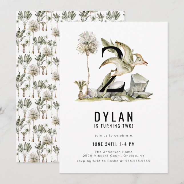 Dinosaurier Thema 2. Geburtstag Party Einladung (Vorne/Hinten)