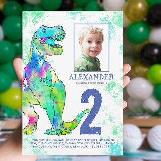 Dinosaurier Thema 2. Geburtstag Party Foto Einladung