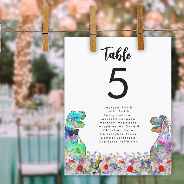 Dinosaurier Thema Hochzeit Wildblume Table (Dinosaur themed wedding colorful wildflower table seating chart)