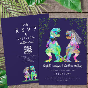 Dinosaurier-Thema Navy Blau Rosa Hochzeit QR-Code Einladung