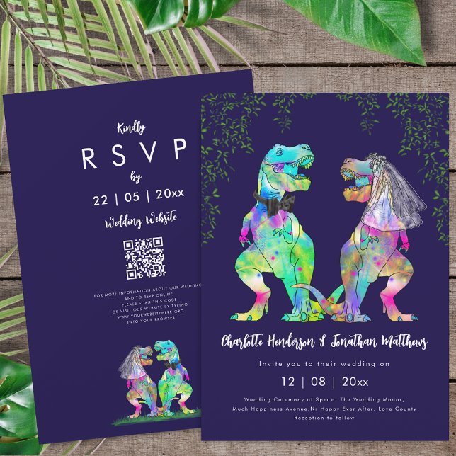 Dinosaurier-Thema Navy Blau Rosa Hochzeit QR-Code Einladung (Colorful T-Rex bride and groom dinosaur wedding navy blue & white rsvp qr code invitation )
