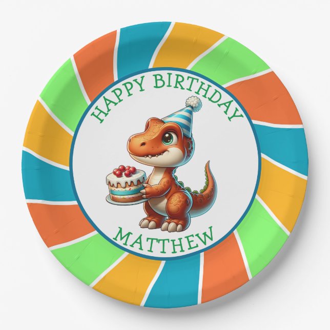 Dinosaurier thematisierte Kindergeburtsparty Perso Pappteller (Vorderseite)
