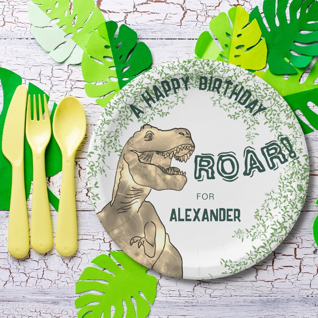 Dinosaurier Themed Birthday Party Name hinzufügen Pappteller (Dinosaur jungle T-Rex roar happy birthday party custom paper plate add name )