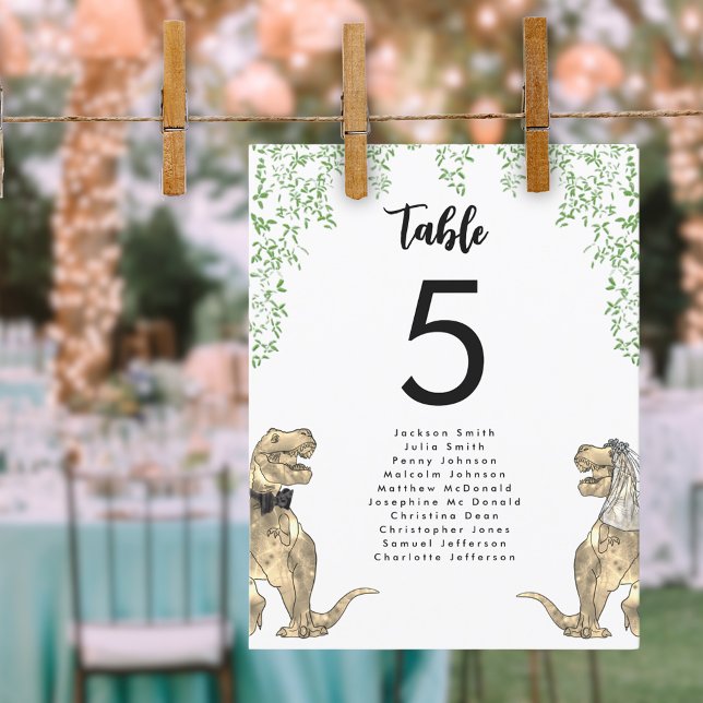 Dinosaurier Themed Wedding Table Seating Chart (Dinosaur themed wedding T-Rex bride and groom with jungle foliage table seating chart)