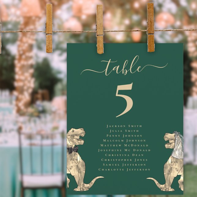 Dinosaurier Themed Wedding Table Seating Chart (Dinosaur wedding dark green custom table chart Elegant script T-Rex dino bride and groom )